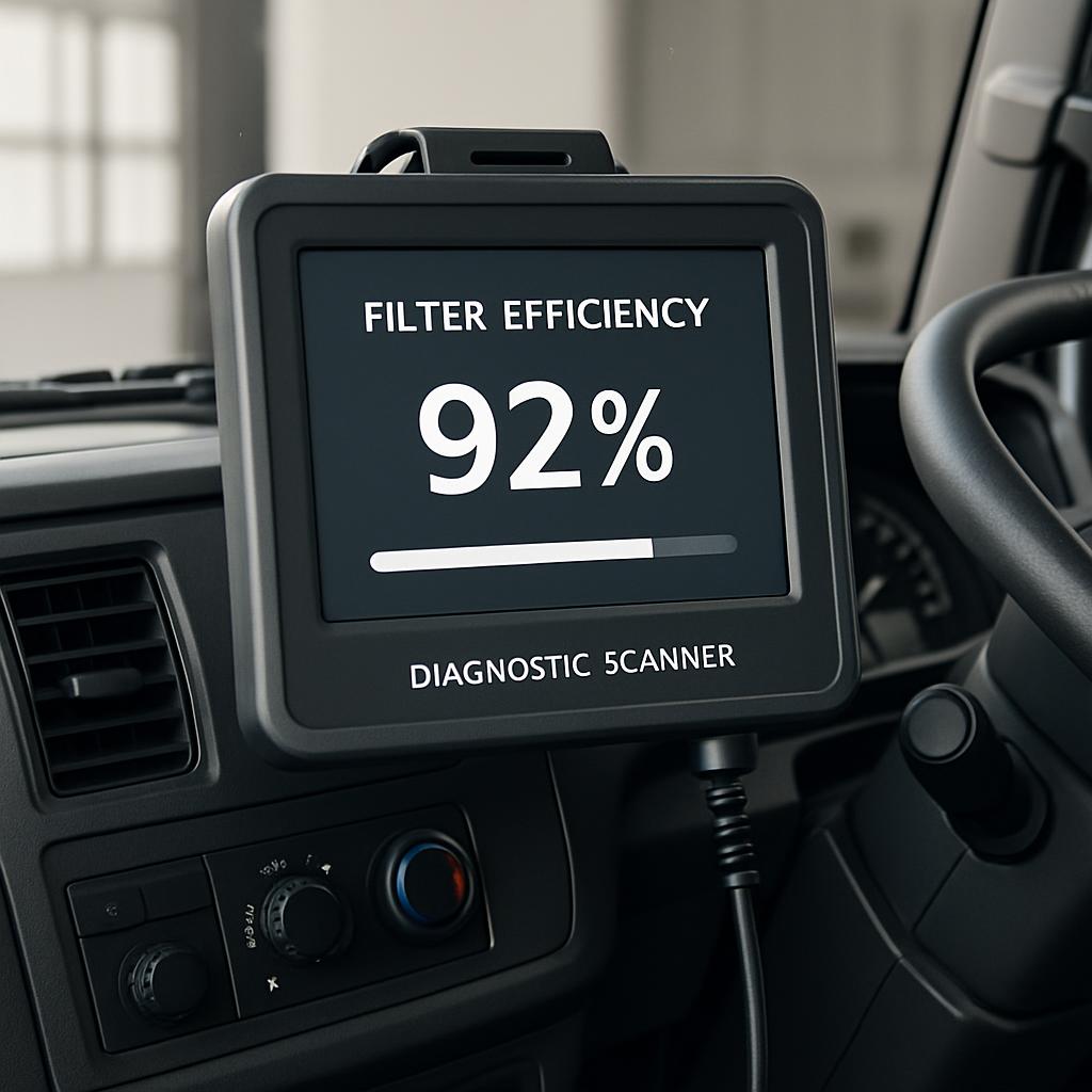 This image is a graphic representation of a diagnostic scanner for an automotive air filter, with text that reads, "FILTER...