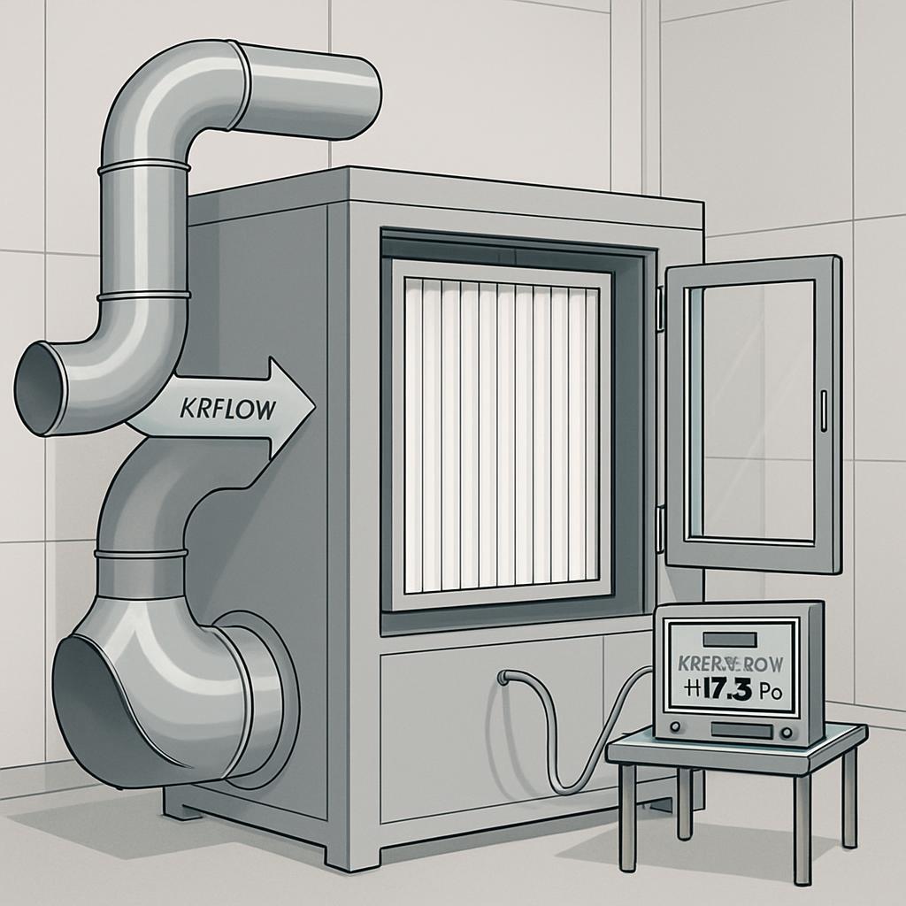 Una representación de tamaño real de un medidor de velocidad de flujo con una salida amplia.