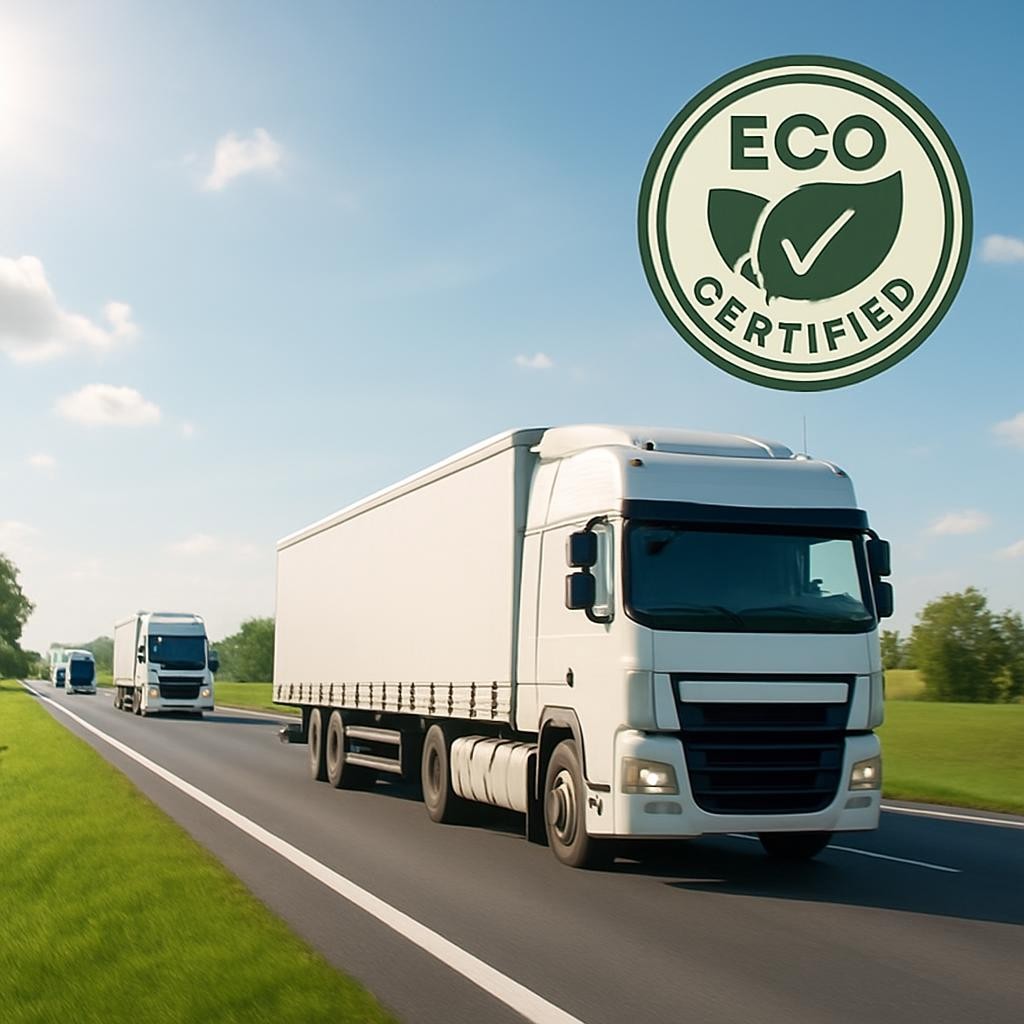 Una imagen de aire limpio con varios camiones circulando por la carretera, fondo luminoso y sensación de limpieza ambiental, incluyendo el logotipo de la empresa.